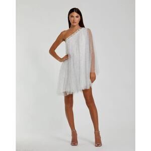 MAC DUGGAL White One Shoulder Embellished Tulle Mini Dress